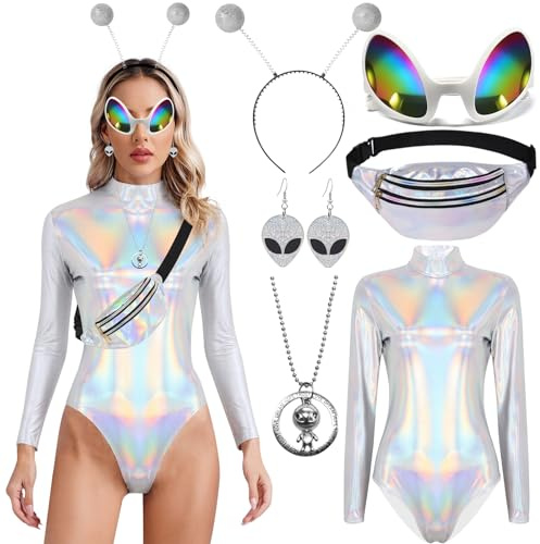 Alien Kostüm Damen Sexy Body Langarm Silber Glitzer Oberteil Set Faschingskostüme Alien Haarreif Brille Bauchtasche Ohrringe Halskette Sexy Karneval Discokugel Weltall Space Kostüm Damen Verkleidung