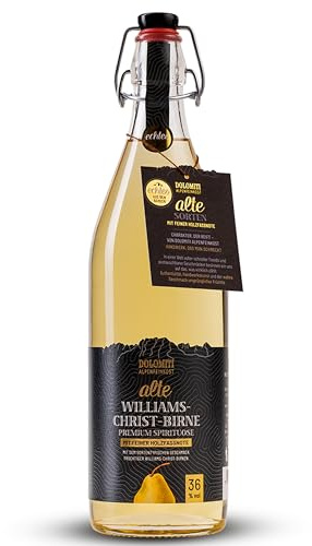 DOLOMITI Alte Williams-Christ-Birne 36 % vol. – Premium Williams-Schnaps aus dem Barrique-Fass – 1  l in Bügelflasche – Fruchtige Spirituose – Original aus Österreich