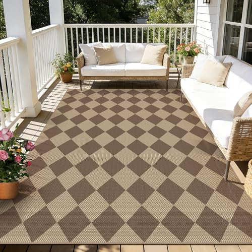 Capslpad Outdoor Teppich 160x230cm, Jute Aussehen Wetterfest, rutschfest Flachgewebe Waschbar Teppiche, Robust Küchenteppich für Wohnzimmer, Balkon, Terrasse, Küche, Garten, Farbe:Braun Kariert