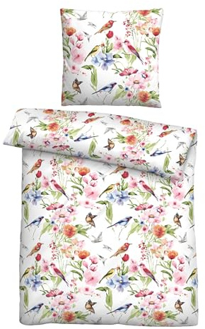 biberna Satin Bettwäsche 155x220 cm, 2-teilig mit Kissenbezug 80x80 cm, 100% Baumwolle, kühlend, pflegeleicht & atmungsaktiv, Reißverschluss, Sommerbettwäsche, Vögel Blumen, weiß, Modell 0616315