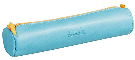 RHODIA 318897C - Rhodiarama Turquoise Round Pencil Case - 21.5 x 5.5 cm - Genuine Orange Stitching - Ivory Jersey Interior - Faux Leather - Storage for Pens, Pencils, Markers, Small Supplies