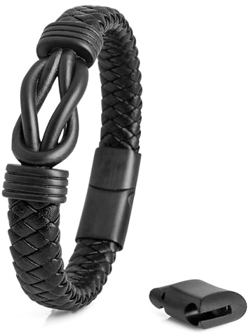 Akitsune Serpent Lederarmband mit Magnetischen Verschluss - Armschmuck Damen Herren Edelstahl Armband Mattschwarz 18cm