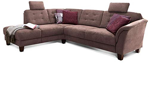 Cavadore Ecksofa Trond mit Ottomane links / Federkern-Sofa im Landhausstil mit 2 Kopfstützen und Vorziehsitz mit Bettkasten / 260 x 89 x 214 / Webstoffbraun