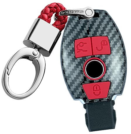 ontto Autoschlüssel Abdeckung Fall Hülle for Mercedes-Benz 2/3 Tasten Kohlefaser Schlüsselschutz mit Schlüsselanhänger Schlüsselbund Fit fürBenz A B C E ML V W R CL CLK Klass W204 W212 Carbon Red B