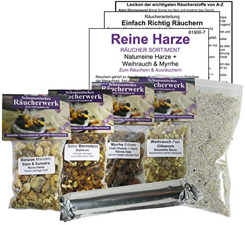 BENZOE + Bernstein + MYRRHE + WEIHRAUCH Sacra 8-TLG RÄUCHERSORTIMENT zum räuchern. 4X Reine HARZE (200ml) mit Räucherkohle und Räucherzubehör. 81900-7