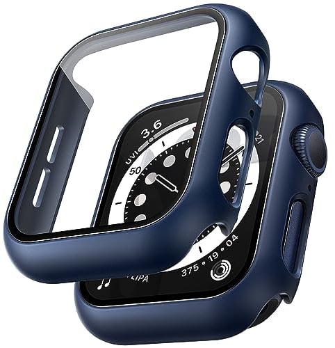 TAURI 2Pack Funda para Watch 44mm Serie 6 5 4 SE Estuche Rígido Delgado para PC Protector de Pantalla de Vidrio Templado Incorporado Cubierta Protectora General paraI Watch 44 mm-Azul