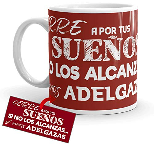 Kembilove Tazas de Desayuno CREA – Tazas de Café Divertidas y Graciosas con Mensaje Corre a por Tus sueños, Si no los alcanzas al Menos Adelgazas – Tazas de cerámica de 350 ml – Regalos Originales