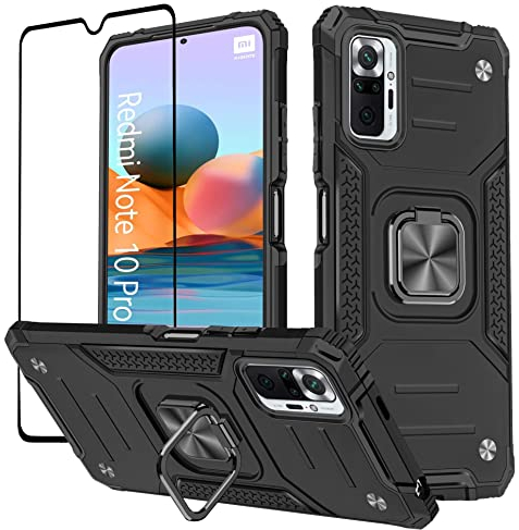 KANSi Funda Compatible con Xiaomi Redmi Note 10 Pro, Cristal Vidrio Templado + Capa Anillo iman Soporte Hard PC y Silicona TPU Antigolpes Armor Carcasa para Redmi Note 10 Pro - Negro