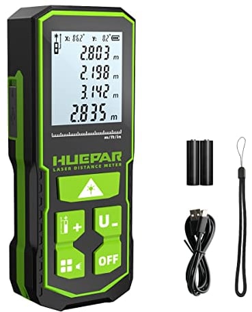 60M Laser Measure, Huepar S60 Laser Distance Meter 196ft, Portable Handle Digital Measure Tool Range Finder, Multi-Measurement Modes+Larger Backlit LCD 4 Line Display IP54 Shockproof Battery Included