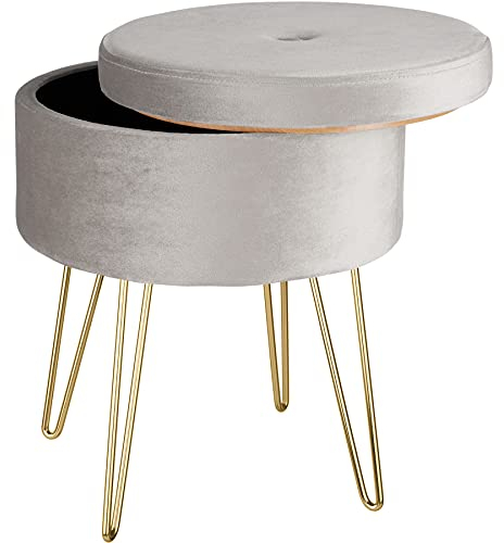 TecTake® Round Stool in Velvet Look with Storage Compartment, Sturdy Vanity Chair with Soft Padded Seat, Golden Steel Legs & Quick Assembly, Ideal as Bedroom Stool & Dressing Table Chair - Light Grey