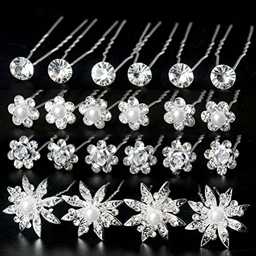 40 Pieces Bridal Hair Pins, Clips and Barrettes with Crystal Pearl Flowers, Women's Proms Hair Jewelry Accessories, Gift Stocking Stuffers for Girls