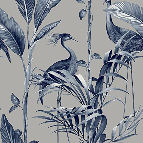 Azzurra Wallpaper Wood Tropical Metallic Leaf Navy Silver