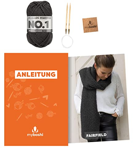 myboshi Strickset Schal Fairfield, Strickset für Anfänger, inkl. No.1 Wolle, Nadel und Anleitung, Strickpaket, 30% Merinowolle Grau mit Rundstricknadel