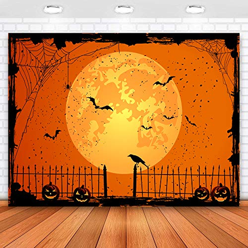 CHAIYA 2,4 x 1,8 m Happy Halloween Hintergrund Jack O'Lantern Kürbis Laterne Orange Nacht Mond Fledermaus Spinnennetz Friedhof Zaun Fotografie Hintergrund CY126
