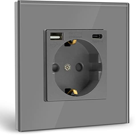 BSEED USB Steckdose Grau Schuko Steckdose mit USB Anschluss (Max. 2.1A) Typ C Port Unterputz Steckdose Glas Schutzkontakt-Steckdose Ladegerät für Handys, Laptops etc