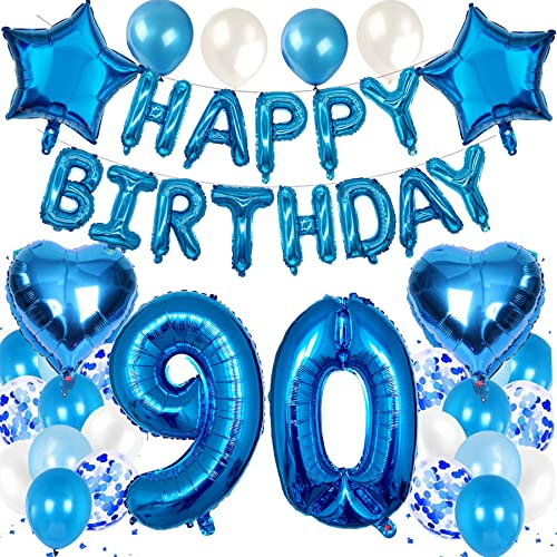 Feelairy Luftballon 90. Geburtstag Deko Männer Set, Blau Geburtstagsdeko 90 Jahre Mann, Folienballon Zahl 90 Blau, Luftballons Happy Birthday Banner Girlande, Ballon 90 Deko zum Geburtstag Mann