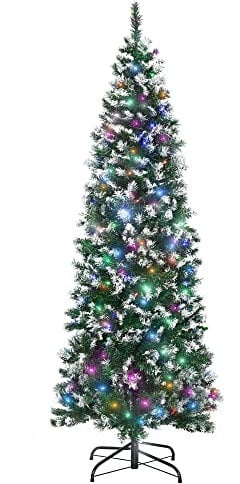 HOMCOM 6FT Tall Prelit Pencil Slim Artificial Christmas Tree with Realistic Branches, 300 Colourful LED Lights and 618 Tips, Xmas Decoration, Green