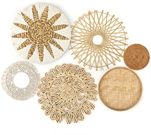 Unittype Boho-Korb, Wanddekoration, Rattan, rustikal, zum Aufhängen, flache Kunst, rund, handgefertigt, für Bauernhaus, Wohnzimmer, Schlafzimmer, Zuhause, Küche, 13 - 30 cm, 6 Stück