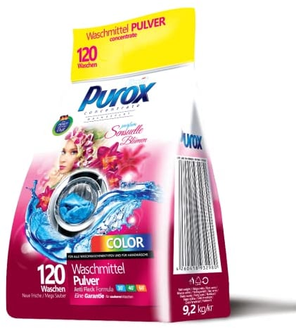 PUROX COLOR Detersivo Lavatrice Polvere Sensuelle Fiori (120 Lavaggi) – Per tessuti colorati, profumo floreale, rimuove le macchie, ecologico, protezione anticalcare, sacco da 9,2 kg