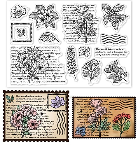 GLOBLELAND Vintage Buchstaben Blumen Blätter Klare Stempel Retro Blumen Blätter Hintergrund Transparente Silikonstempel Für DIY Scrapbooking Zubehör Prägung Papier Karten Album Dekoration Handwerk