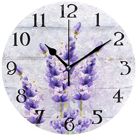 Orologio da parete viola in legno viola lavanda floreale orologio da parete silenzioso non ticchettio orologio da cucina 9.5 pollici rotondo bagno scrivania orologio soggiorno arredamento