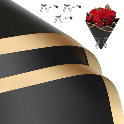 Winter Shore Geschenkpapier Schwarz mit Goldenem Rand - Wasserfeste, Elegante Blumen Papier Verpackung - Floristen-/Geschenkpapier Set - 60 Blumenstrauß Papier Bögen 58 x 58 cm, 3 x 5 m Schwarzes Band