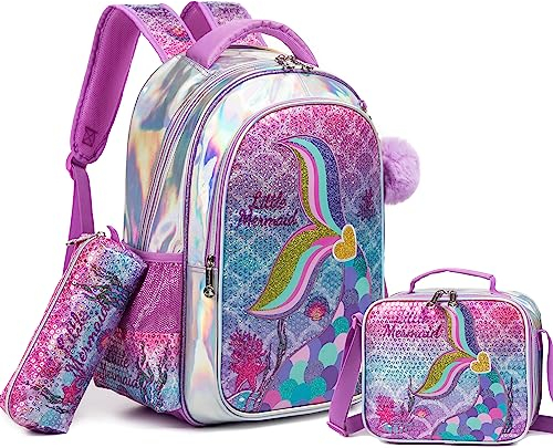 HTgroce Sirenas Mochila Niña, Mochila Niña Escuela Primaria Kindergarten Mochilas Escolares Infantiles Lleva una lonchera y un Estuche para lápices Mochila Escolar