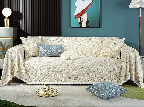 Homxi Sofahusse Zweisitzer,180x230CM,Sofahusse Überzug Marmoriert Strukturiert mit Spitze Couchbezug Chenille Sofa-Handtuch Beige Couchbezug Decke