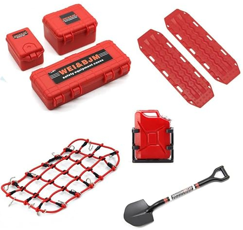 Ezweiji RC Crawler Zubehör, 1/10 Truck Dachträger Rc Zubehör Set 8 in 1 Tankaufbewahrungsbox, Gepäcknetz, Schaufel für Traxxas Slash Axial SCX10 TRX4 (Rot 1/10)