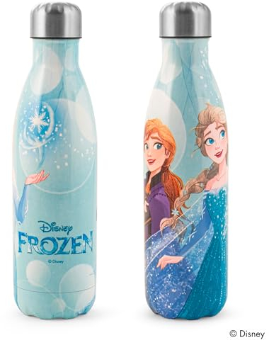 H&H Frozen Let It Bottiglia Termica Bimba, Borraccia in Acciaio Inox, Decorata, Lt 0,5, Ermetica, BPA Free