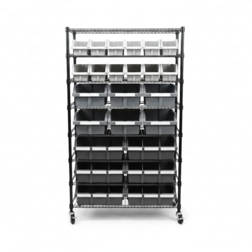 Garden Store Direct Shelving Unit 91cm x 36cm x 160cm, 8 Shelf Commercial Racking with 24 Grey Storage Bins & Levelling Feet, Trolley on Wheels