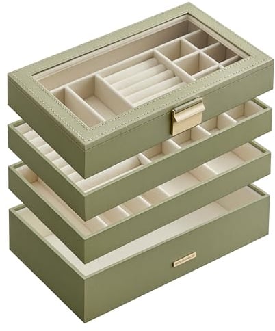 SONGMICS JBC164C02 Boîte à bijoux empilable à 4 niveaux avec couvercle en verre 17 x 28 x 18,3 cm Insert à bijoux pour tiroir Noël Vert laurier