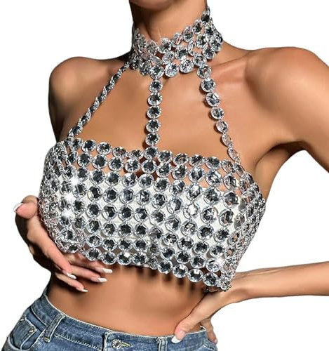 Party Top Damen Glitzer Top Damen Silbernes Bandeau Top mit Metallischen Pailletten Oberteil Damen Bandeau Stretch Trägerloses Pailletten Wrap Crop Top für Belly Dancer Silber