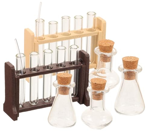 Toyvian 2 Sätze Puppenhaus-Mini-reagenzglas-messbecher-Set Aus Simuliertem Glas Miniatur-laborgeräte Miniatur-puppenhaus-Labor Mini-labormodell Puppenspielsets Kleines Haushalt Regal Holz