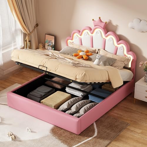 Idemon 140 x 200 cm, letto imbottito, letto principessa, illuminazione ambiente regolabile, listello della corona (rosa)