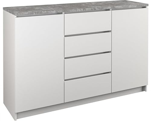 roe furniture Kommode mit 4 Schubladen & 2 Schränke - Modern Schubladenschrank - Komodenschrank - Schubladenkommode 120 cm Breit - Weiß & Beton