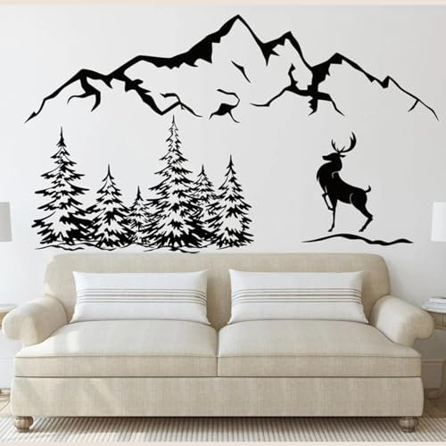 SHELOG Berg und Hirsch Wandtattoo Hirsch Waldlandschaft Wanddekoration Vinyl Berg Wildtiere Wald Wandtattoo Kinderzimmer Wohnzimmer Schlafzimmer Dekor