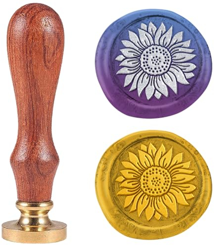 DELORIGIN Sonnenblume 25mm Wachssiegelstempel Retro Siegelstempel Abnehmbarer Messingkopf Siegelstempel Mit Holzgriff Siegelwachs Für Umschlag Grußkarte Brief Hochzeitseinladung Geschenkverpackung