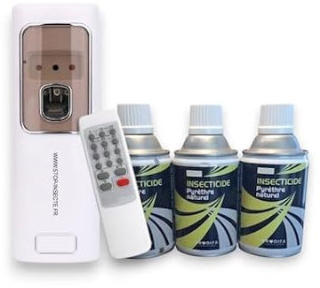 Insecticide pyrèthre naturel 3x250ml avec 1 Diffuseur Automatique pro avec télécommande Anti mouches, moucherons, moustiques, mites, punaises de lit. Élimine et éloigne insectes volants et rampants
