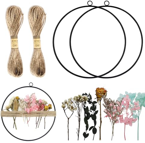 2 Stück 20 cm Trockenblumen Kranz Metallring Trockenblumenkranz Metallring Dekoring mit 10 M Juteseil und 3 Trockenblumen für Wand Tür Dekoration Schwarz