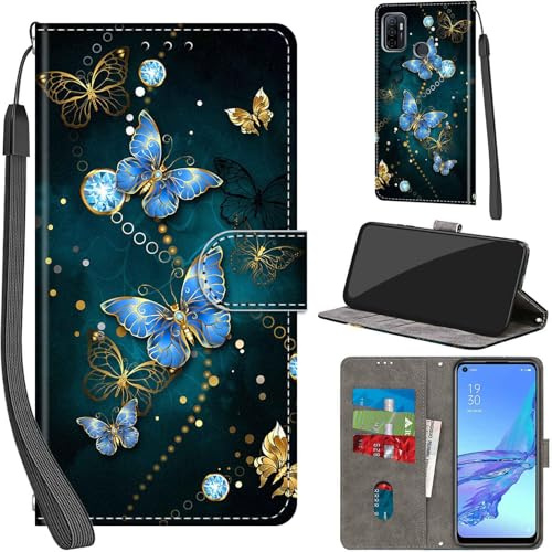 Handyhülle für Oppo A53 / A53s / A32 Klapphülle Leder Wallet Schmetterling | 3 Kartenfächer & 1 Geldfach, Magnetverschluss, Ständerfunktion, robuste premium PU leder klapphülle für Oppo A53 / A53s