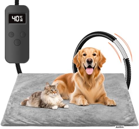 Asstikoo Manta Térmica para Perros y Gatos, 70 * 45cm Manta Eléctrica para Perros Gatos con 12 Temporizador& 6 Niveles Temperatura 30-55℃, Manta de Calefacción para Mascotas Anti-mordida Impermeable