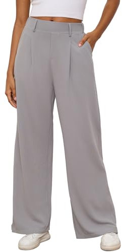 M MOTEEPI Hosen Damen Weite Hose Grau Palazzo Hose Stoffhose Elegant Freizeithose Weites Bein Damen mit elastischem Bund Business L