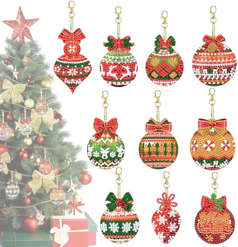 10 Stück Diamond Painting Weihnachten Anhänger, 5D Diamant Painting Weihnachts Diamond Painting Bastelset Kinder, Diamant Malerei Schlüsselanhänger Adventskalender DIY Basteln Weihnachtsbaum Deko