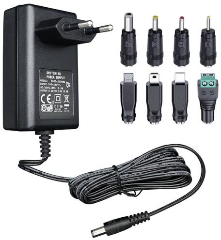 Adaptador de corriente 5V 2A 1.8M Cargador de pared AC a DC 5V 2000mA 10W con 8 Puntas para concentrador USB, Monitor de bebé, Caja TV, Cámara, Altavoz y más Certificado CE