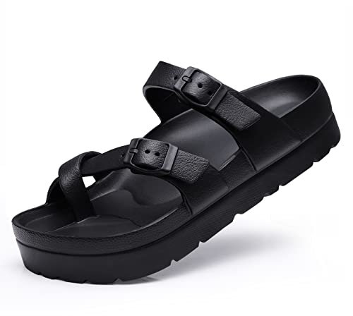 Beslip Plattform Sandalen Damen mit Arch Support Komfortable Schaumstoff Rutschen Leichte Dicke Sohlen Verstellbare Schnalle Ultra Cushion,Schwarz Frauen Größe 39 EU