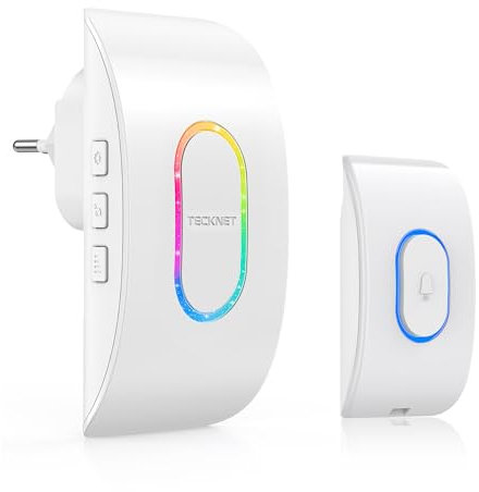 Sonnette sans Fil 400M, TECKNET Sonnette Étanche IP65, 60 Mélodies 5 Niveaux Volumes, 3 Modes de Fonctionnement Carillon Electronique pour Maison, Bureau, Hôtel (Blanc-RVB)