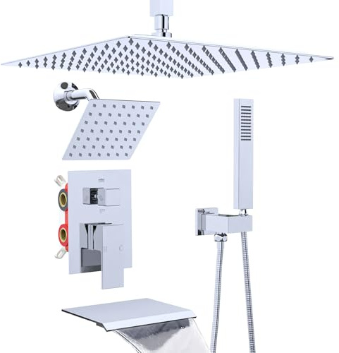 Dual Shower Heads System with Tub Spout, Ceiling Mount 12 Inch Shower Head with 6 Inch Wall Mount Shower Head Shower Faucet Set, Chrome