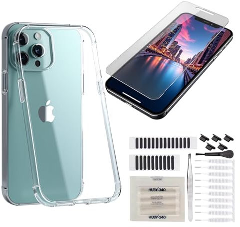 Pack 68 piezas, funda transparente para iPhone 13 anti amarillo, protector de pantalla de cristal templado 9H anti rayaduras y anti rotura, kit limpieza 66 unidades para altavoces pantalla y camara