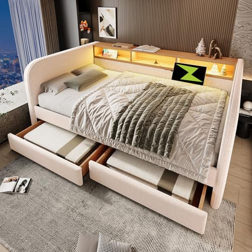 Merax Polsterbett 140x190cm Tagesbett, Schlafsofa mit LED & Ladefunktion, Daybett mit 2 Schubladen, Sofabett Bettgestell mit Lattenrost, Gästebett, für Kinder Jugend, Leinen, Ohne Matratze, Hellbeige